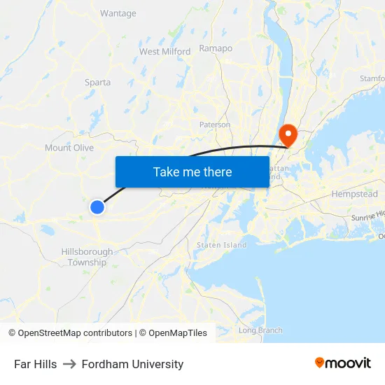 Far Hills to Fordham University map