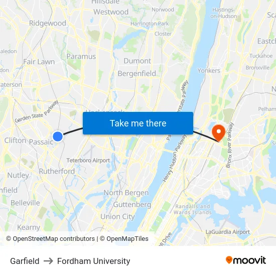Garfield to Fordham University map