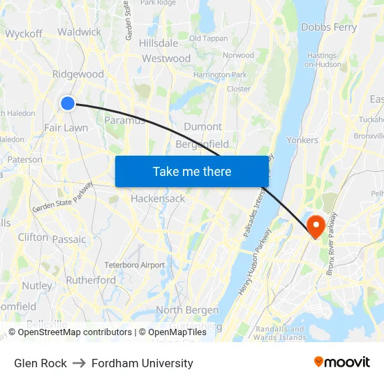 Glen Rock to Fordham University map