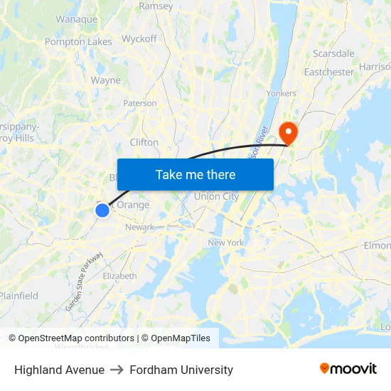 Highland Avenue to Fordham University map
