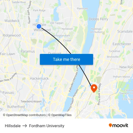 Hillsdale to Fordham University map