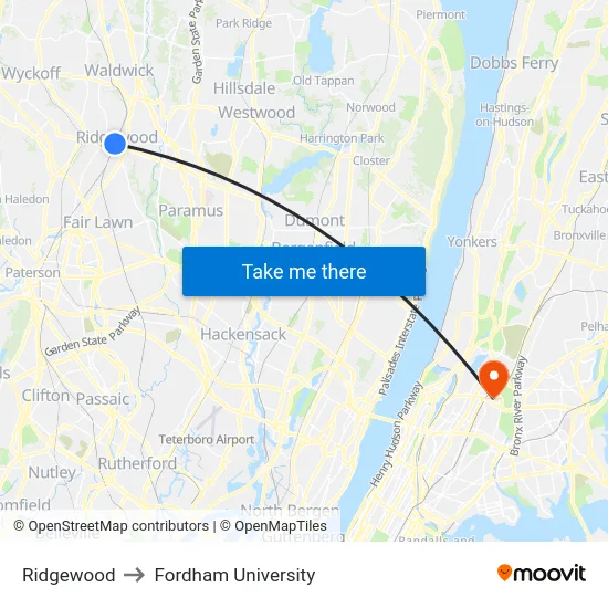 Ridgewood to Fordham University map