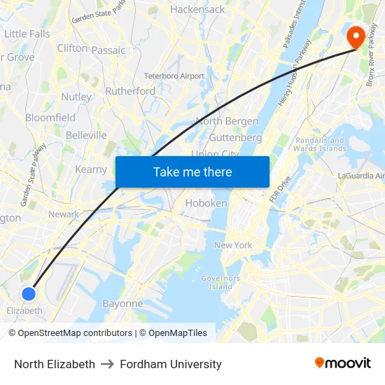 North Elizabeth to Fordham University map