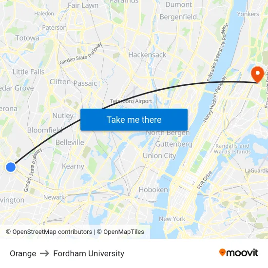 Orange to Fordham University map