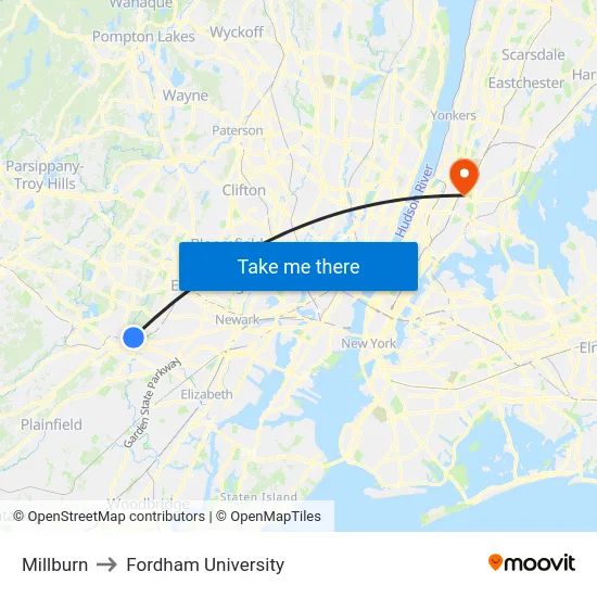 Millburn to Fordham University map