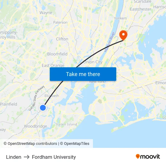 Linden to Fordham University map