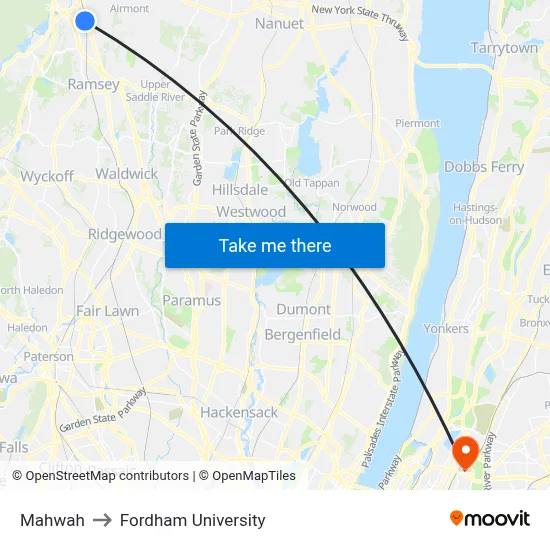 Mahwah to Fordham University map
