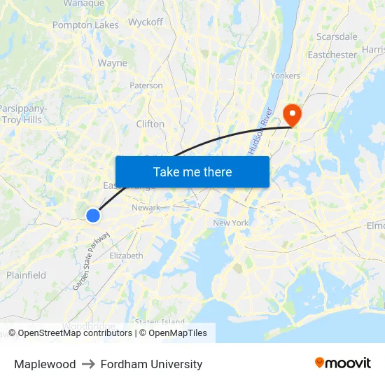 Maplewood to Fordham University map