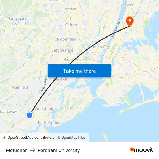 Metuchen to Fordham University map