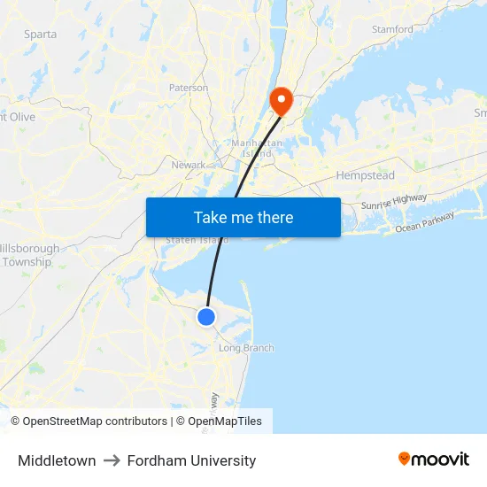 Middletown to Fordham University map