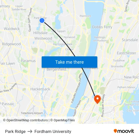 Park Ridge to Fordham University map