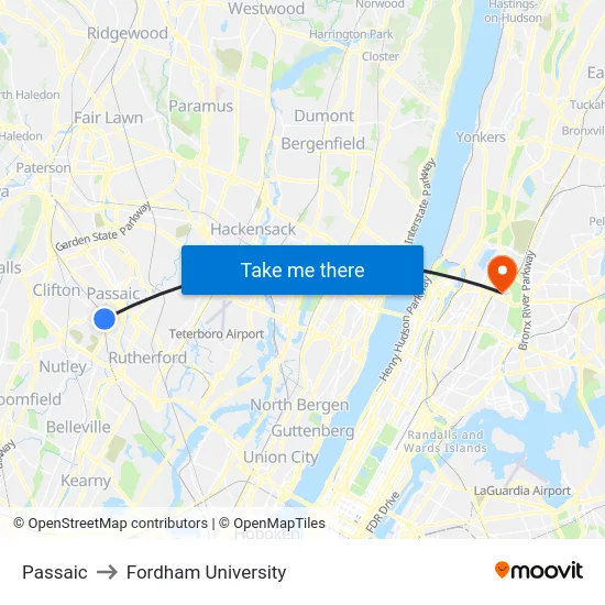 Passaic to Fordham University map