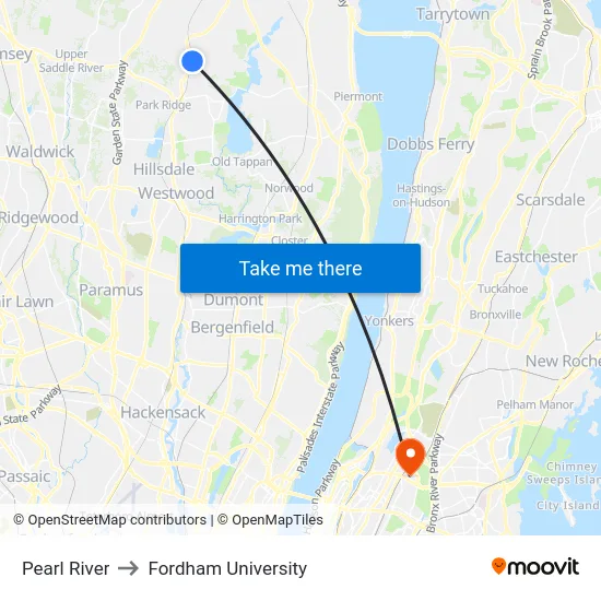 Pearl River to Fordham University map