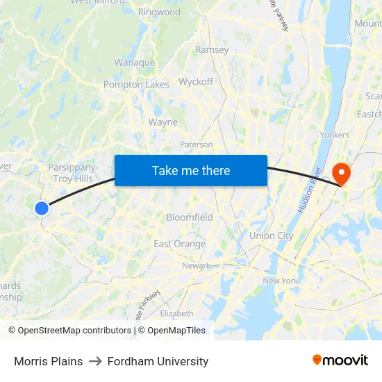 Morris Plains to Fordham University map