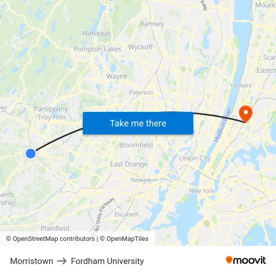 Morristown to Fordham University map