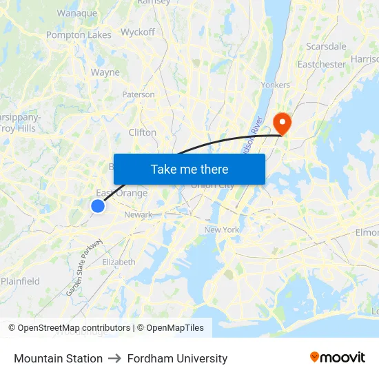 Mountain Station to Fordham University map