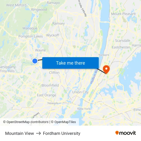 Mountain View to Fordham University map