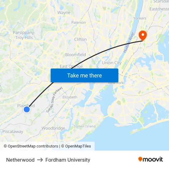 Netherwood to Fordham University map