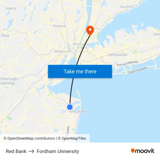 Red Bank to Fordham University map