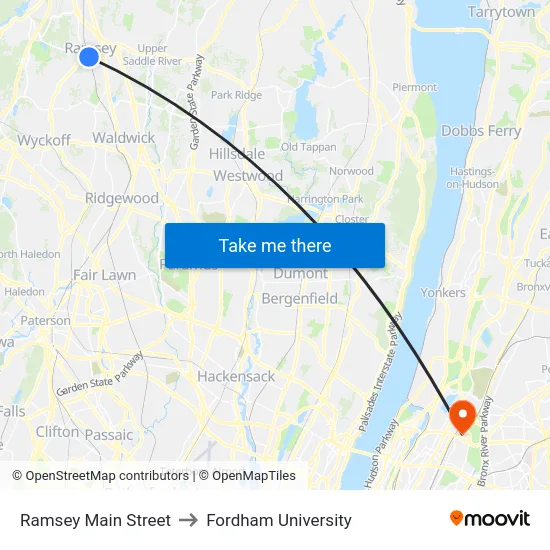 Ramsey Main Street to Fordham University map