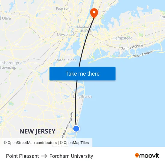 Point Pleasant to Fordham University map