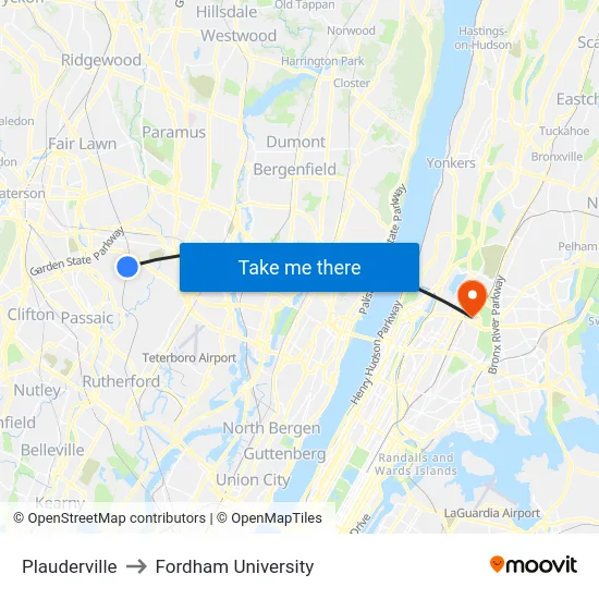 Plauderville to Fordham University map