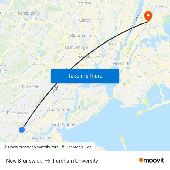 New Brunswick to Fordham University map