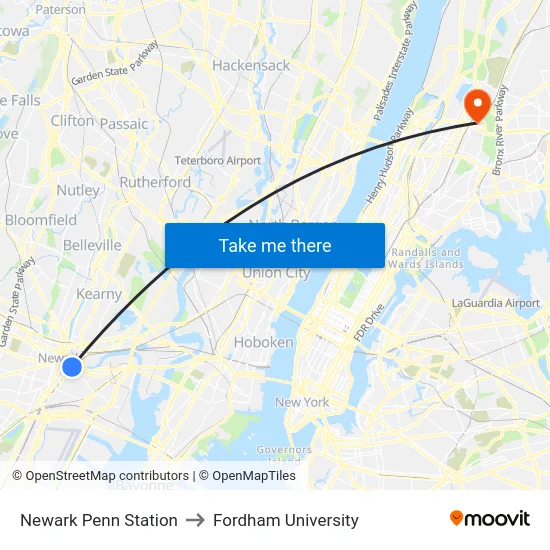 Newark Penn Station to Fordham University map