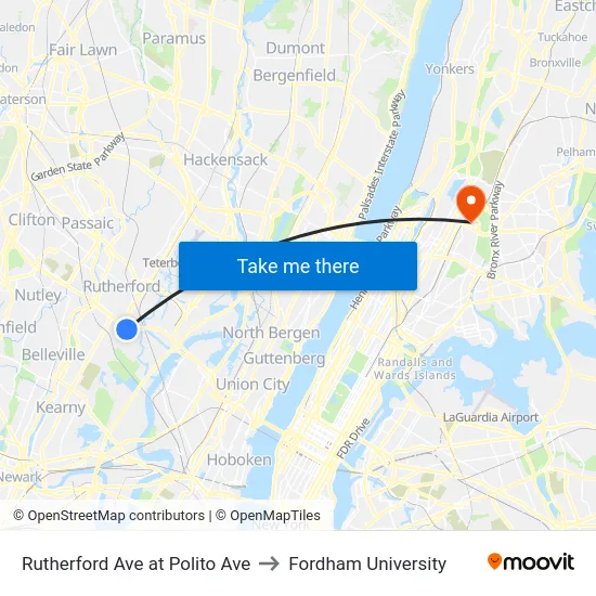 Rutherford Ave at Polito Ave to Fordham University map