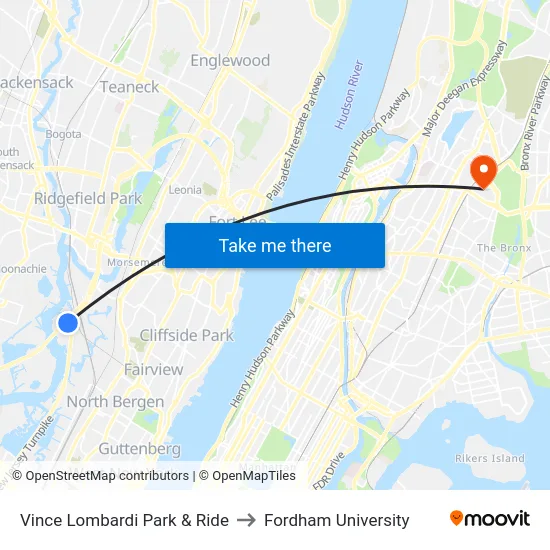 Vince Lombardi Park & Ride to Fordham University map