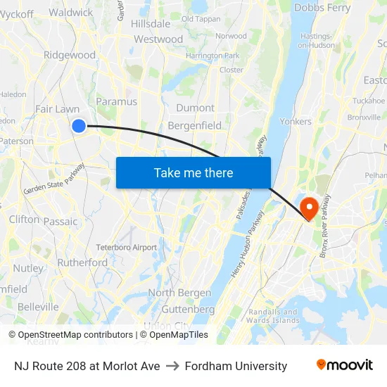 NJ Route 208 at Morlot Ave to Fordham University map