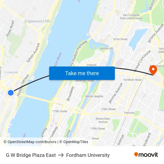 G W Bridge Plaza East to Fordham University map