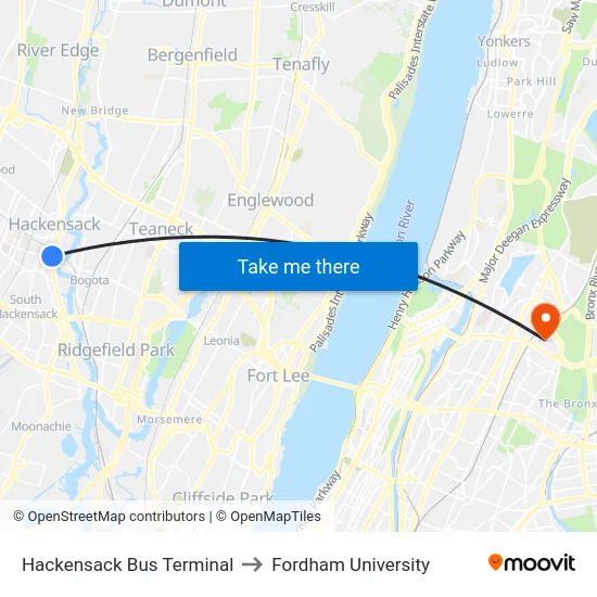 Hackensack Bus Terminal to Fordham University map