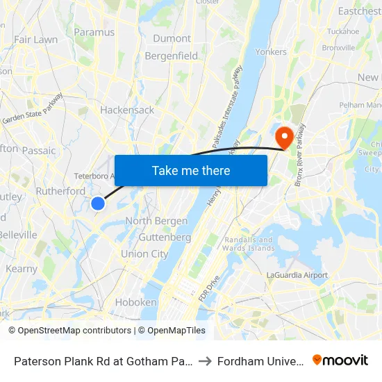 Paterson Plank Rd at Gotham Parkway to Fordham University map