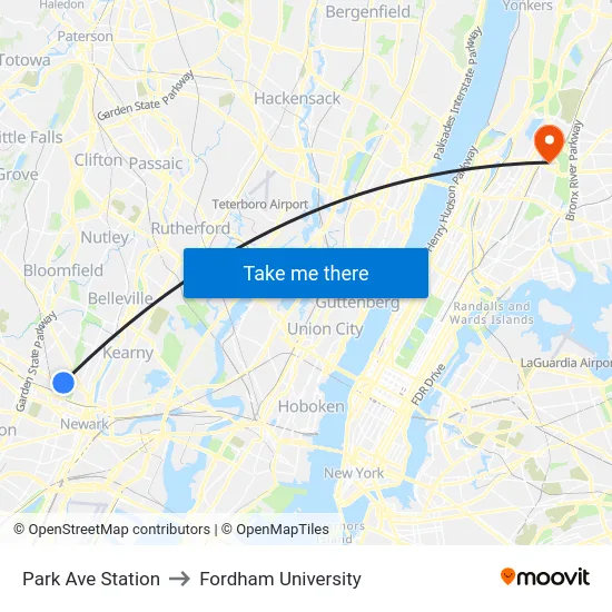Park Ave Station to Fordham University map