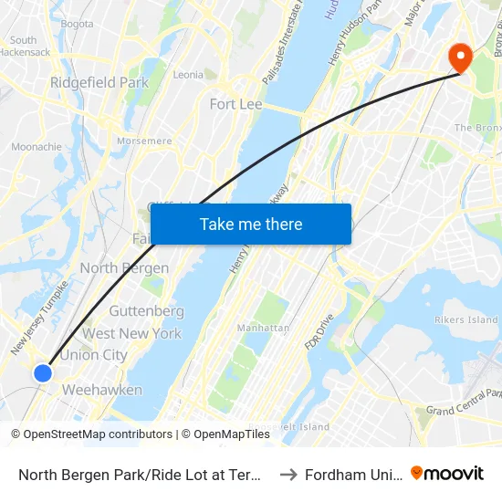 North Bergen Park/Ride Lot at Terminal Building B to Fordham University map