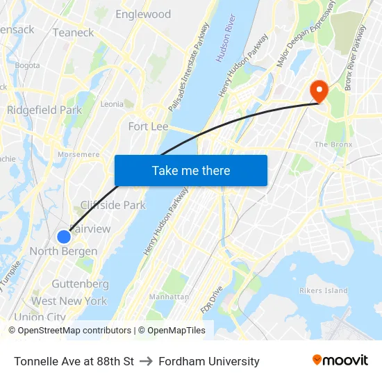 Tonnelle Ave at 88th St to Fordham University map