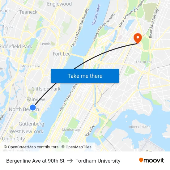 Bergenline Ave at 90th St to Fordham University map
