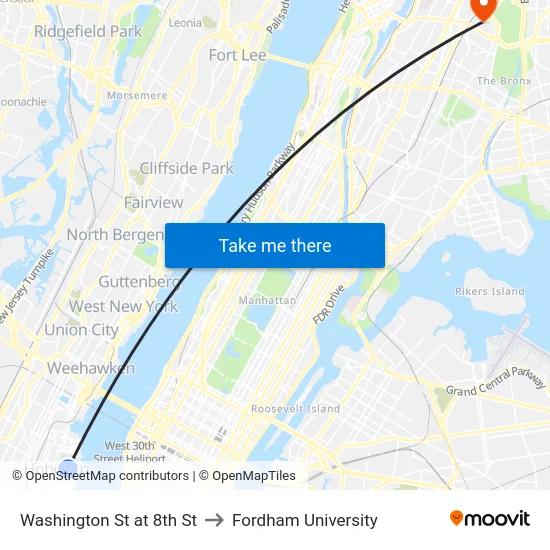 Washington St at 8th St to Fordham University map
