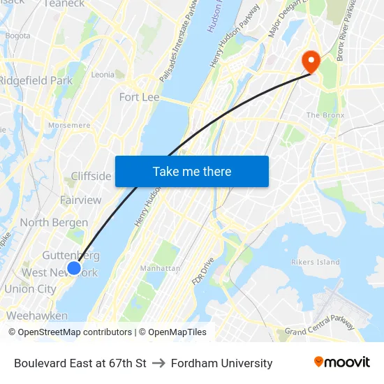Boulevard East at 67th St to Fordham University map