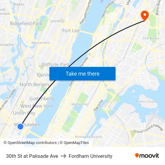 30th St at Palisade Ave to Fordham University map