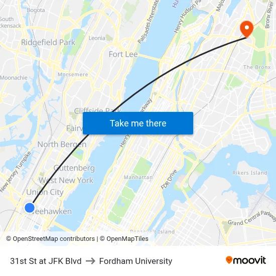 31st St at JFK Blvd to Fordham University map