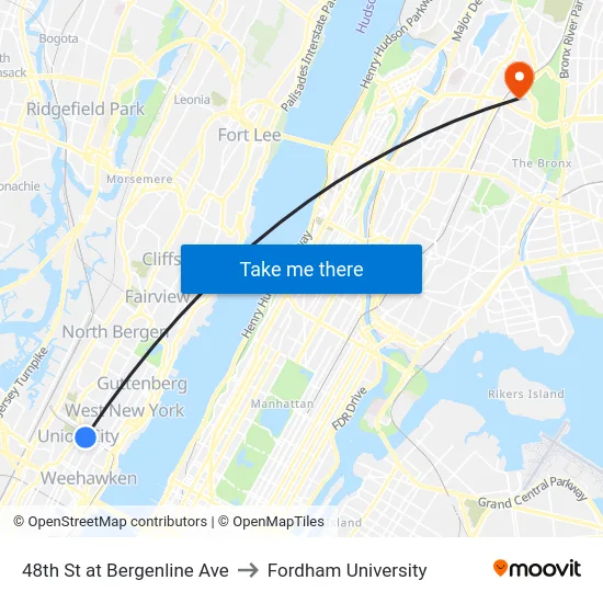 48th St at Bergenline Ave to Fordham University map