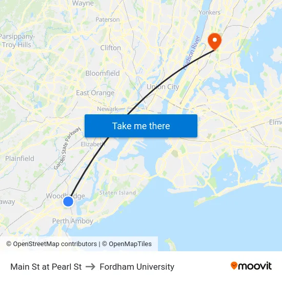 Main St at Pearl St to Fordham University map