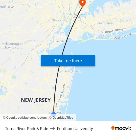 Toms River Park & Ride to Fordham University map