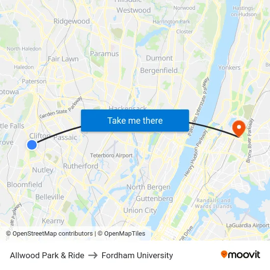 Allwood Park & Ride to Fordham University map