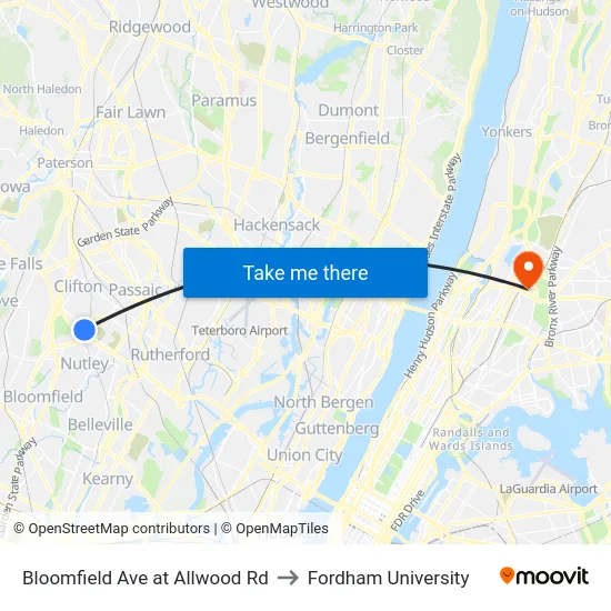 Bloomfield Ave at Allwood Rd to Fordham University map