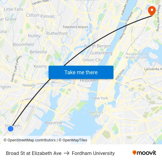 Broad St at Elizabeth Ave to Fordham University map