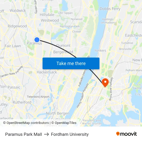 Paramus Park Mall to Fordham University map