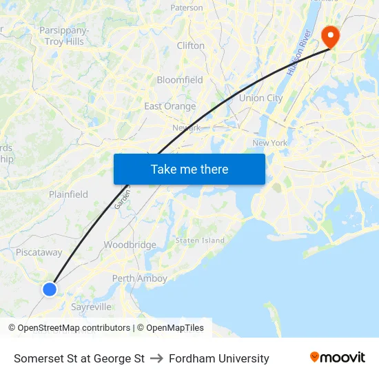 Somerset St at George St to Fordham University map